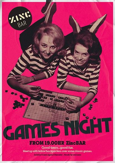 a poster from ClinkNOORD hostel in Amsterdam for a Games Night at the Zinc Bar 