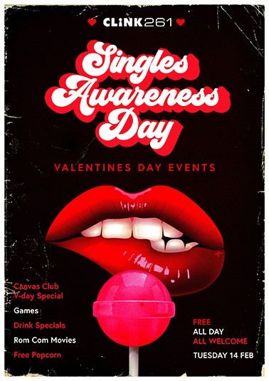 artwork for 'singles awareness day' to coincide with Valentines Day, featuring lips with lipstick and a lollipop