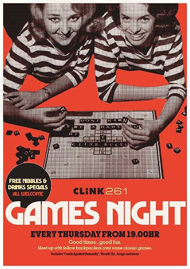 people playing scrabble in a poster for games night at Clink 261 hostel in London