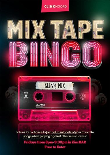 a cassette tape on a poster for Mixtape Bingo at ClinkNOORD hostel in Amsterdam