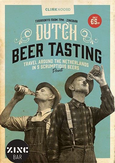 the poster for Dutch Beer tasting at ClinkNOORD hostel in Amsterdam with two people enjoying a beverage.