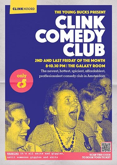 the Clink Comedy Club poster at ClinkNOORD hostel in Amsterdam with audience members enjoying a comedy show