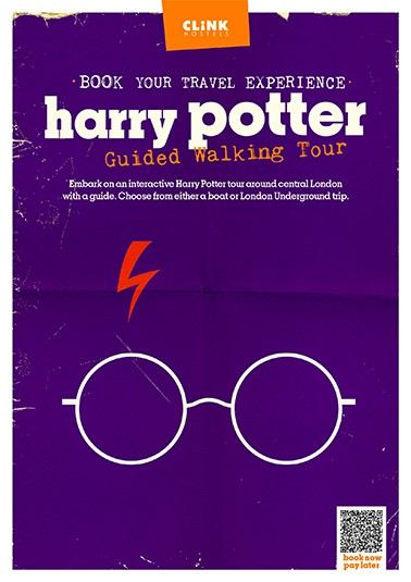 artowrk for the Harry Potter guided tour in London featuring Harry Potter's famous head marking and glasses