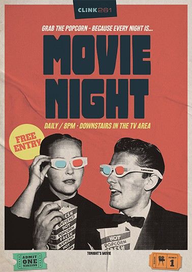 movie night at Clink Hostels featuring people wearing retro 3D glasses and eating popcorn