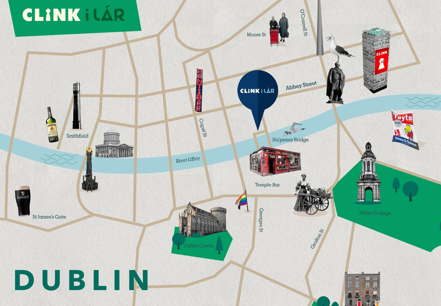 Un plan de la ville de Dublin avec les principales attractions et l'emplacement de Clink i Lar