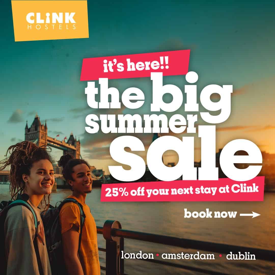 Risparmiate il 25% sui soggiorni a Dublino, Amsterdam e Londra con i saldi estivi di Clink! Scade il 31 maggio 2024.