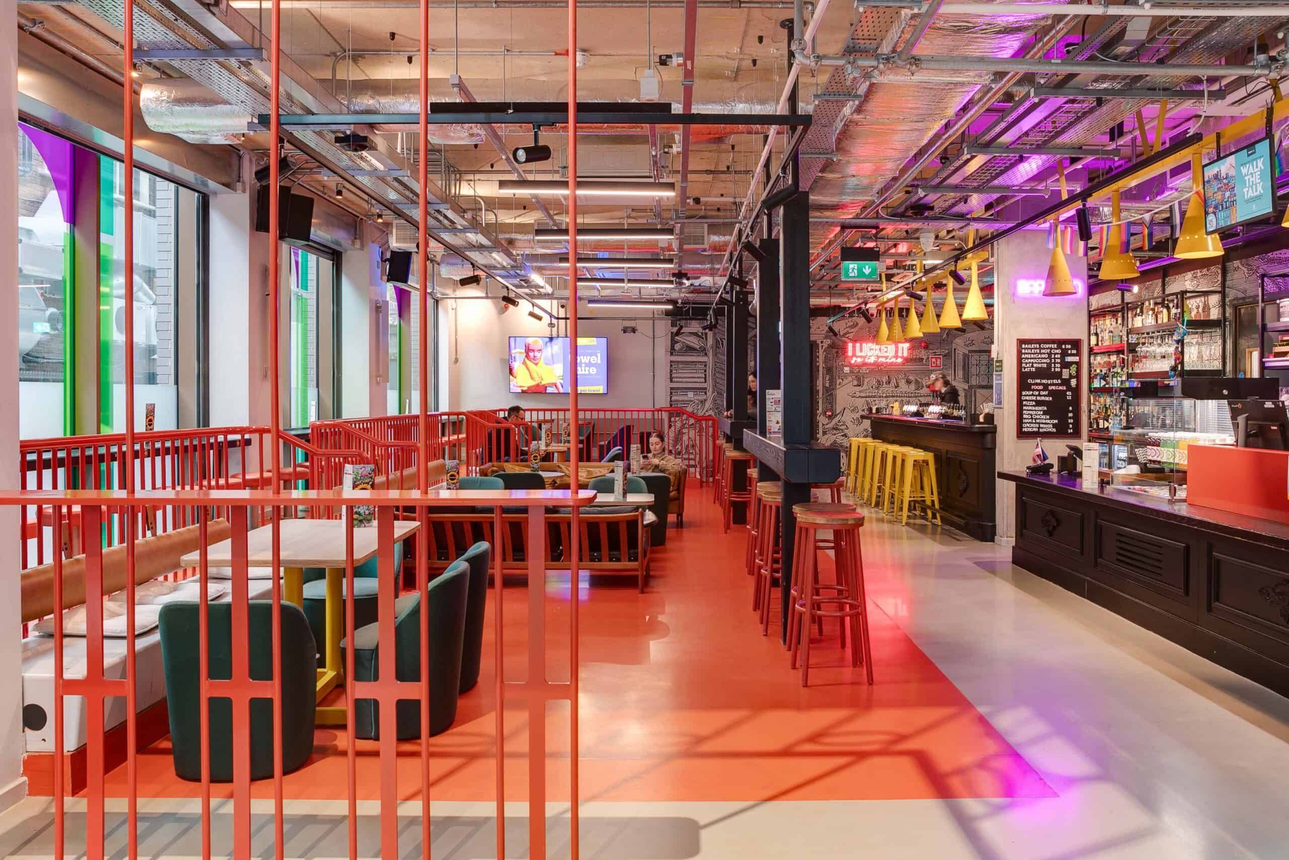 the bar and reception area at Clink I Lár hostel in Dublin city centre