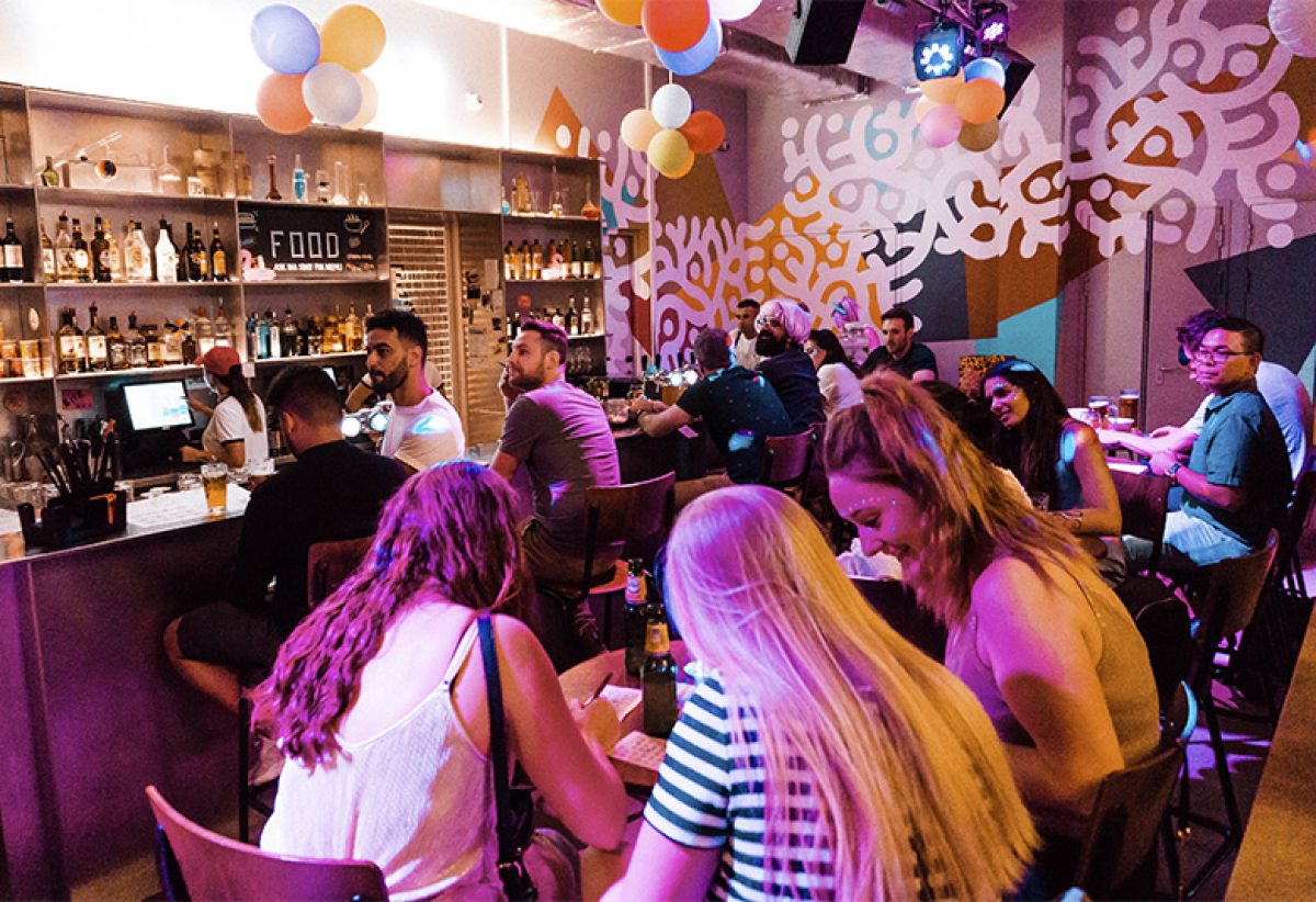 Groups gather at Zincbar in ClinkNOORD hostel in Amsterdam