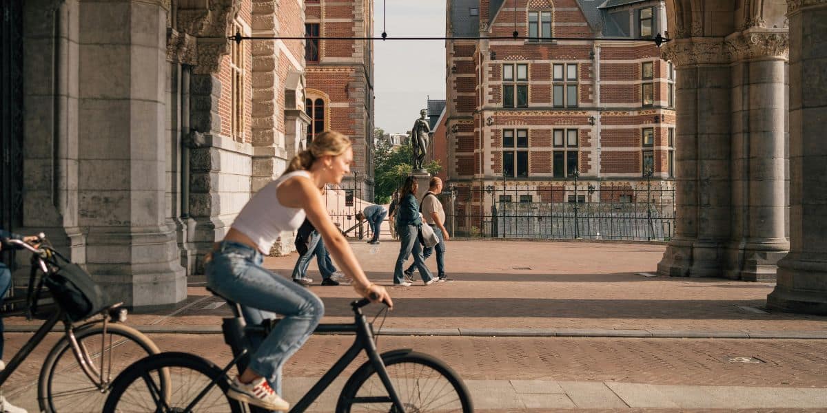 a tourist on a bike in amsterdam
