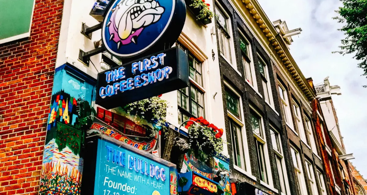 Outside of a coffee shop in Amsterdam.