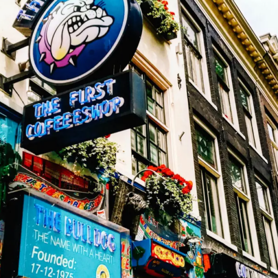 Outside of a coffee shop in Amsterdam.